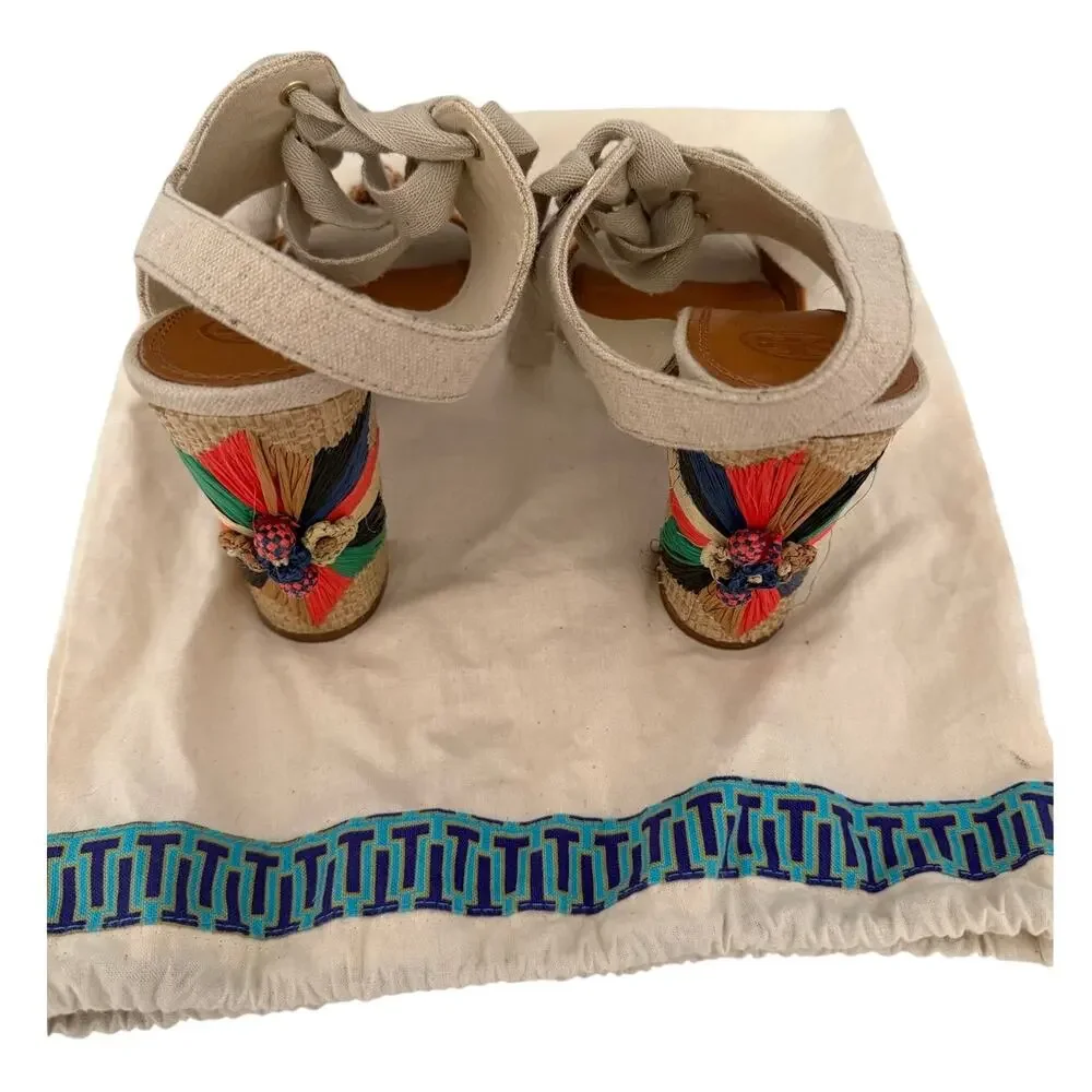 Tory Burch Geraldine Raffia & Linen Lace-Up Sandals Size 9